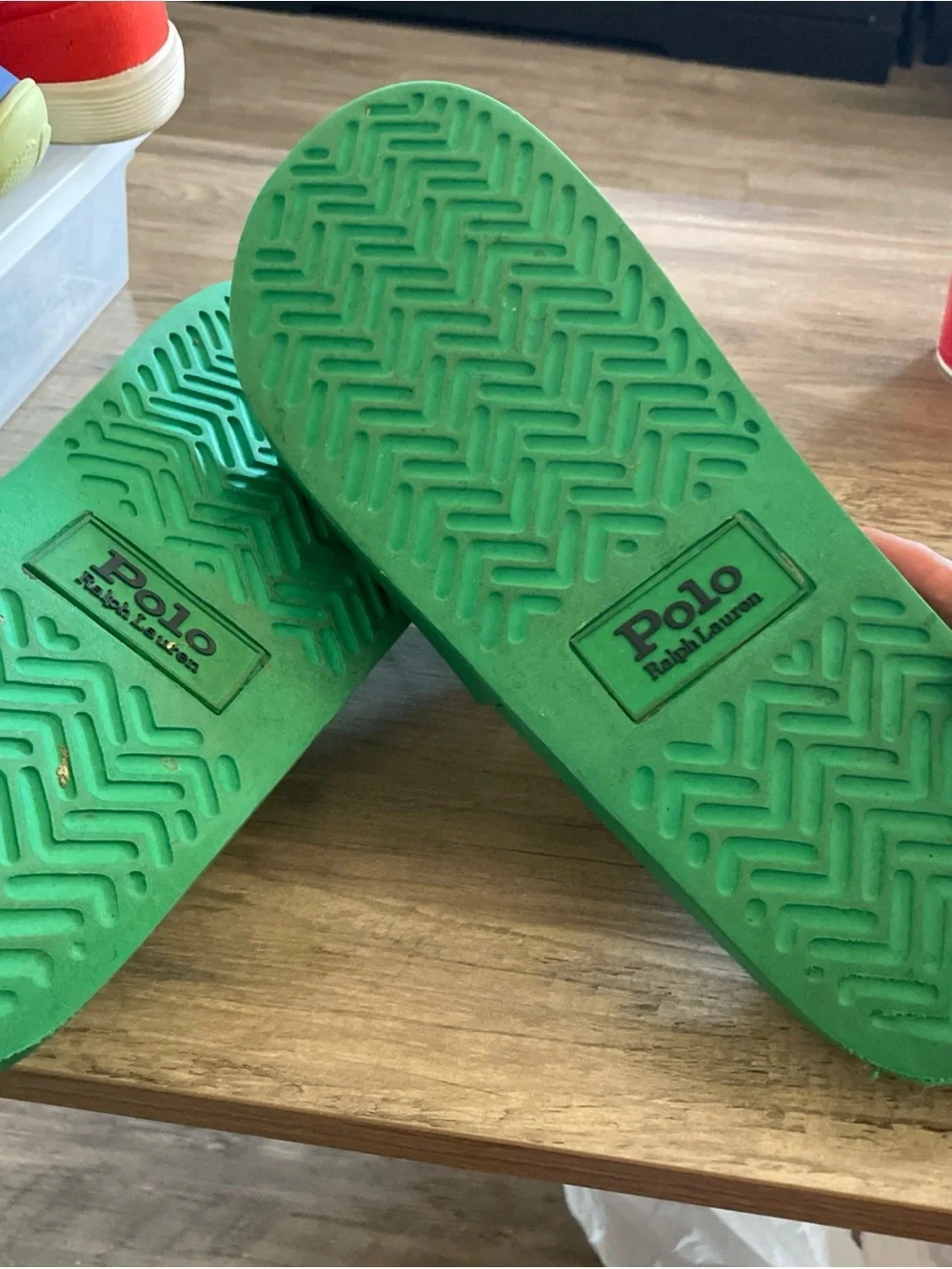 Polo Ralph Lauren green rubber polo slides navy blue pony logo Men’s size 13